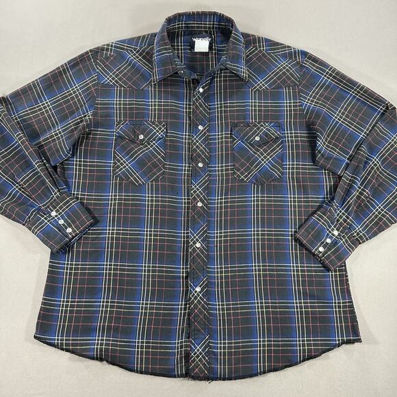 Wrangler Flannel Shirt Pearl Snap Adult Mens Large Blue Western Wear VINTAGE - Picture 1 of 5